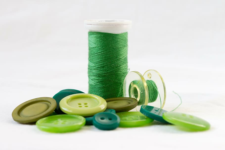 button lot, thread, green, orb, buttons, sewing, material, textile, spindle, green color