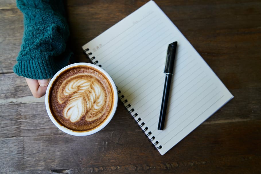 foto, hitam, pena, putih, buku catatan musim semi, piala, cappuccino, kopi, kafein, minuman