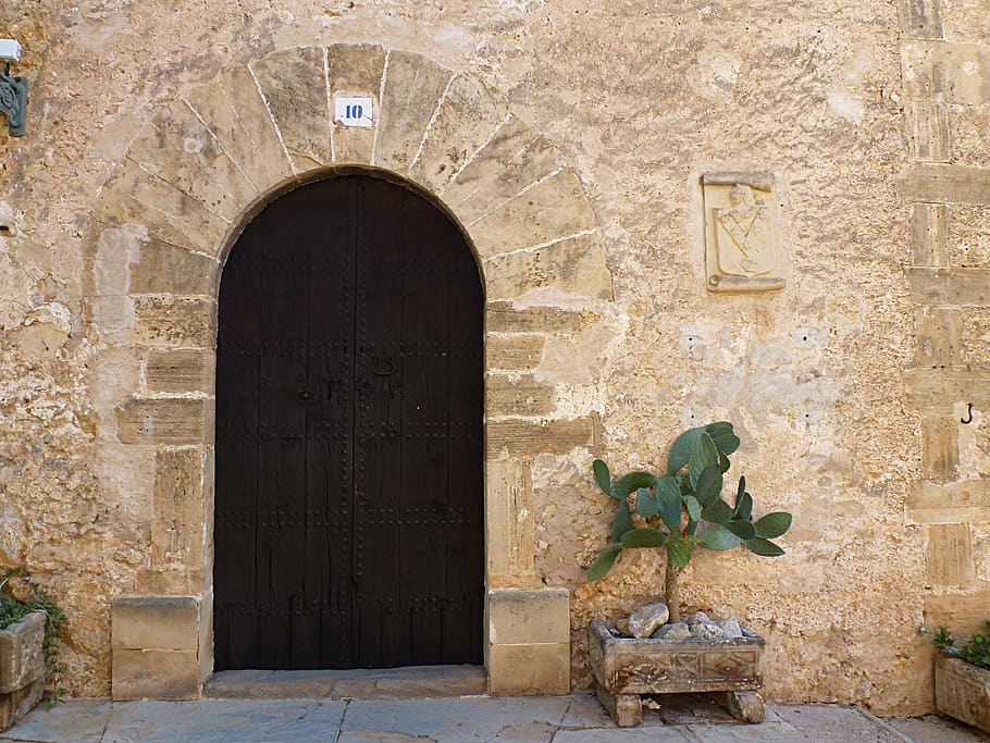spain, door, cactus, building, facade, village, old, middle ages, mallorca, island