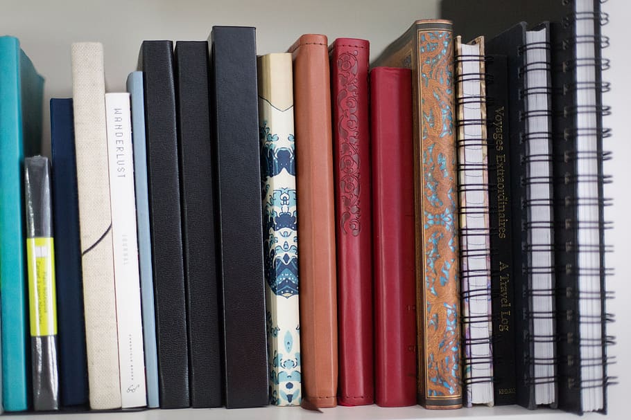 books, shelf, book, notebook, wall, spine, bookcase, home, office, interior