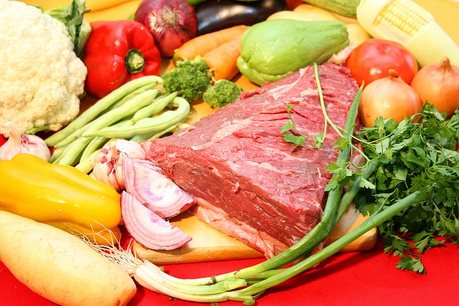 raw, beef, surrounded, vegetables, spices, meat, condiment, seasoning, barbecue, tasty