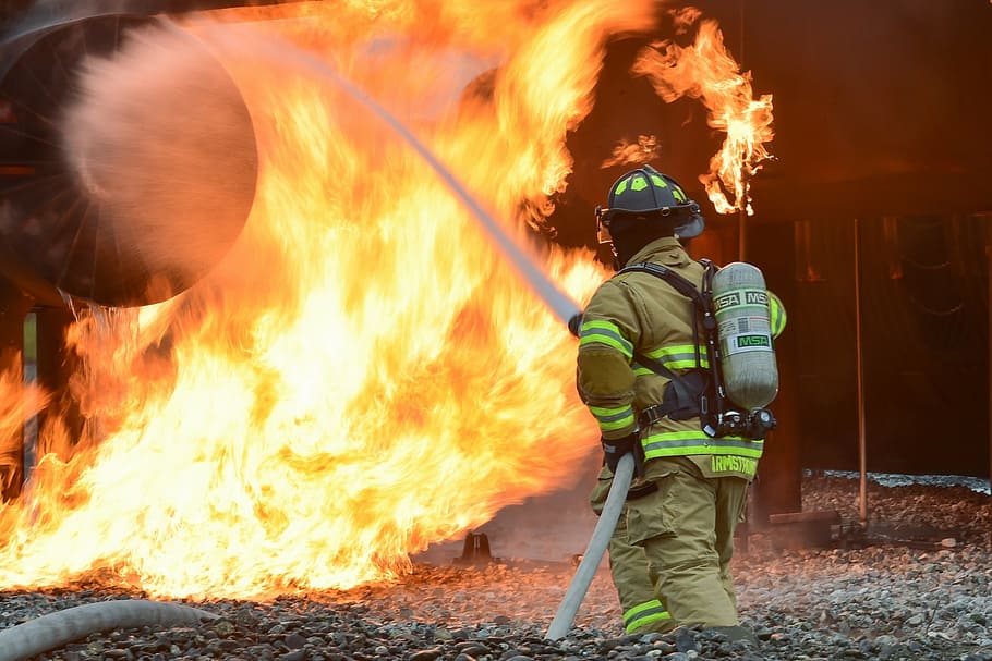 firefighter, fighting, fire, training, live, controlled, protection, danger, equipment, hose