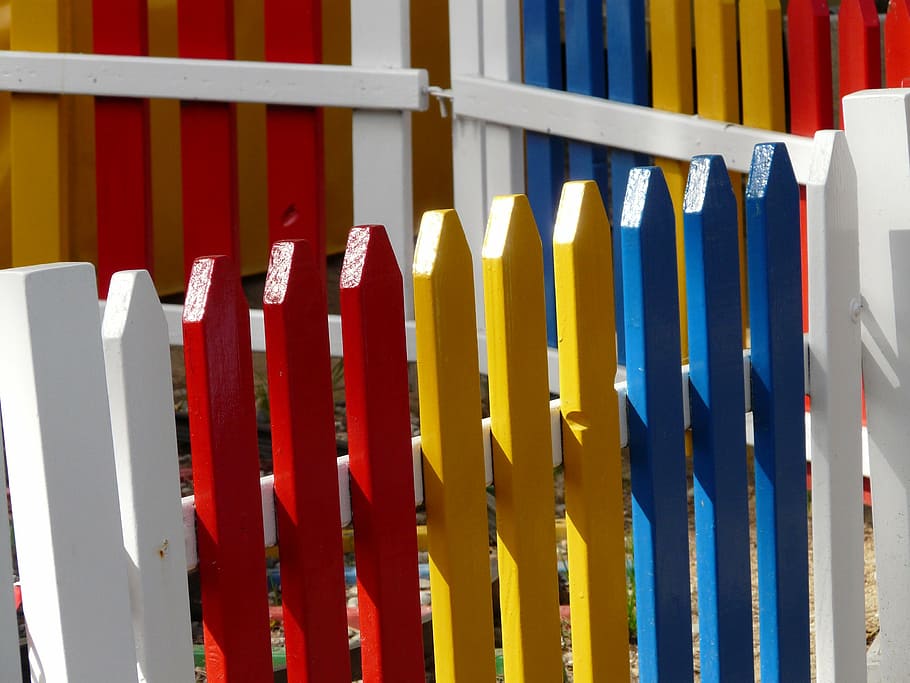 garden fence, paling, colorful, color, wood, red, yellow, blue, painted, fencing