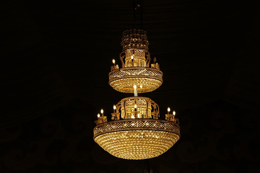 chandelier, lowlights, black, illuminated, lighting equipment, indoors, hanging, low angle view, close-up, gold colored