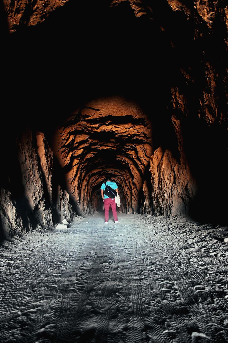 people, man, alone, travel, dark, tunnel, cave, light, real people, one person