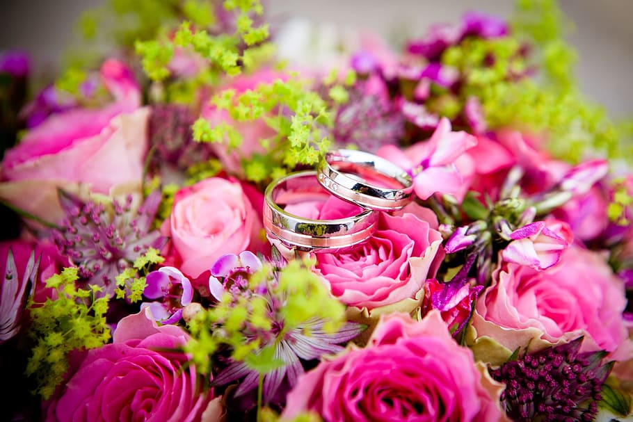two, silver-colored rings, pink, petal flower, flowers, wedding, wedding rings, bouquet, floral, celebration
