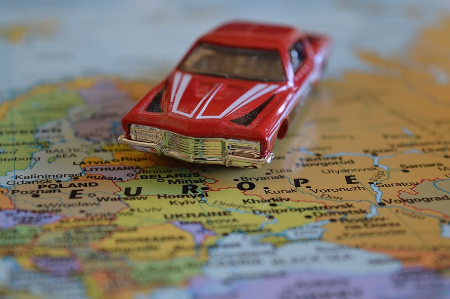 vintage, red, die-cast toy car, political, map, journey, car, europe, drive, driving