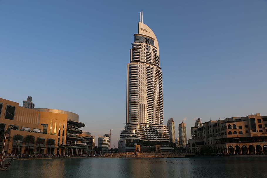 낮은, 각도 사진, 높은, 고층 빌딩, 몸, 물, 두바이, 쇼핑 센터, 도시, 마천루