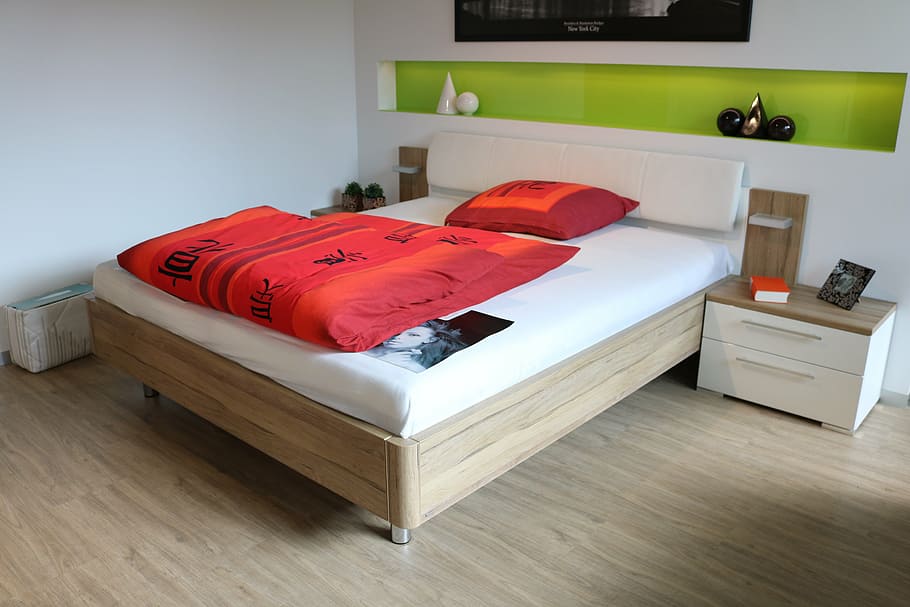 brown, wooden, bed frame, white, mattress, room, apartment, furniture, home, real estate