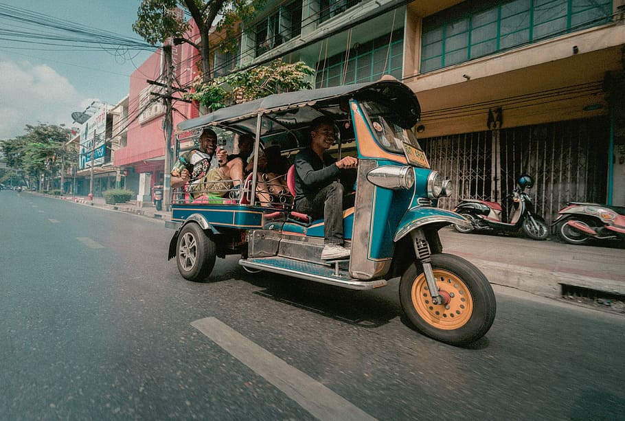 man, riding, auto rickshaw, thailand, tuktuk, road, vehicle, transportation, people, passengers