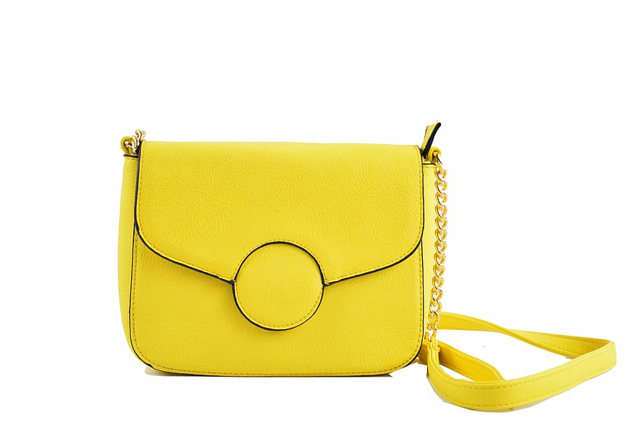 yellow, leather sling bag, bag yellow, fashion, bag shoulder bag, white background, studio shot, cut out, indoors, close-up