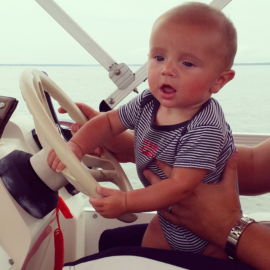 baby, boy, driving, boat, ocean, gulf of mexico, childhood, child, real people, cute