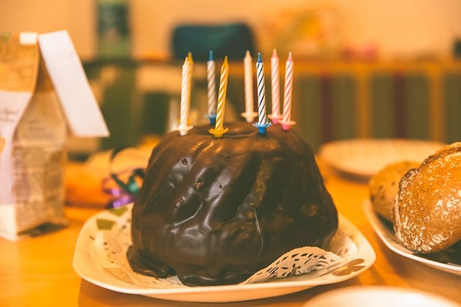comida, comer, delicioso, chocolate, pastel, cumpleaños, velas, mesa, propagación, casera