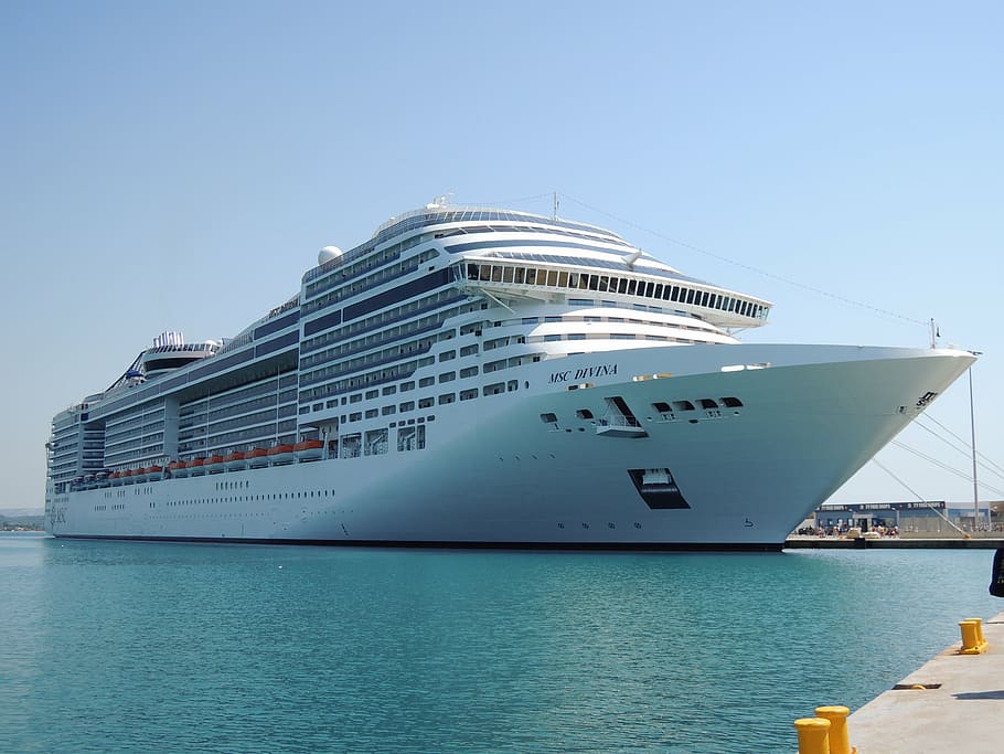 docked, white, cruise ship, greece, olympia, sea, cruise, boat, ship, mediterranean sea