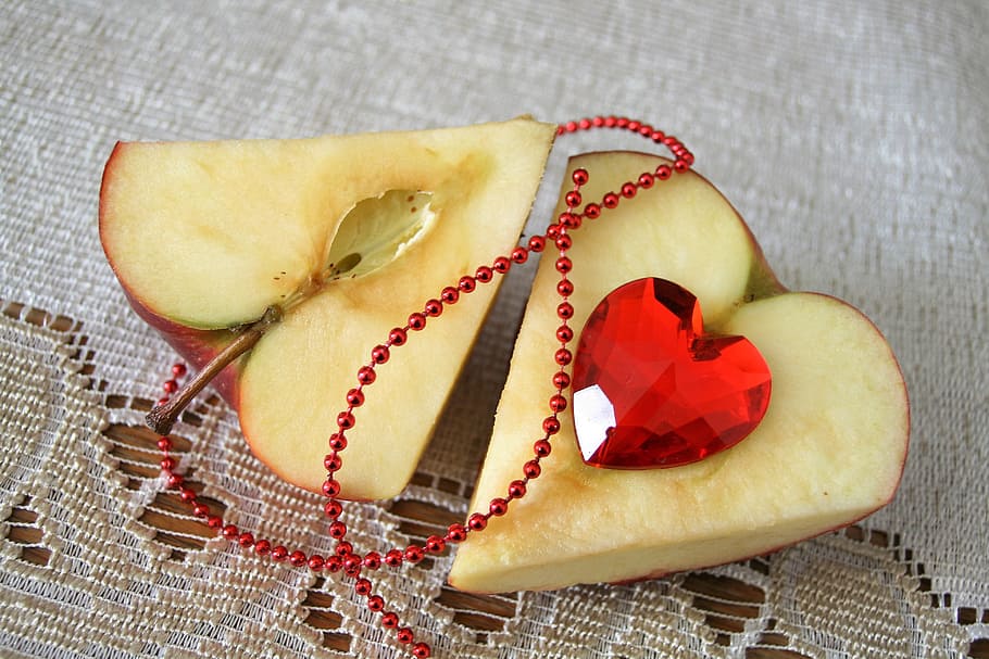 two, heart, shaped, apples, white, surface, valentine's day, eating, fruit, glass heart