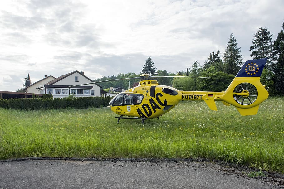 rescue helicopter, doctor on call, adac, yellow, plant, transportation, sky, grass, day, nature