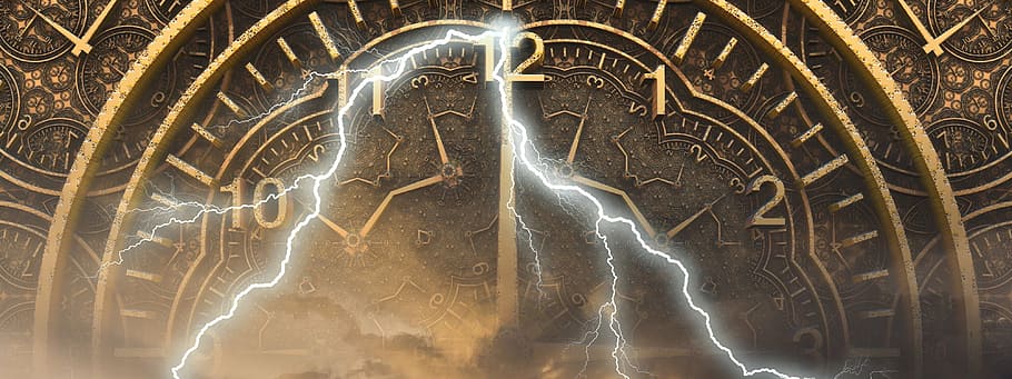 round brass-colored clock, time, science fiction, futuristic, universe, banner, header, architecture, religion, creativity