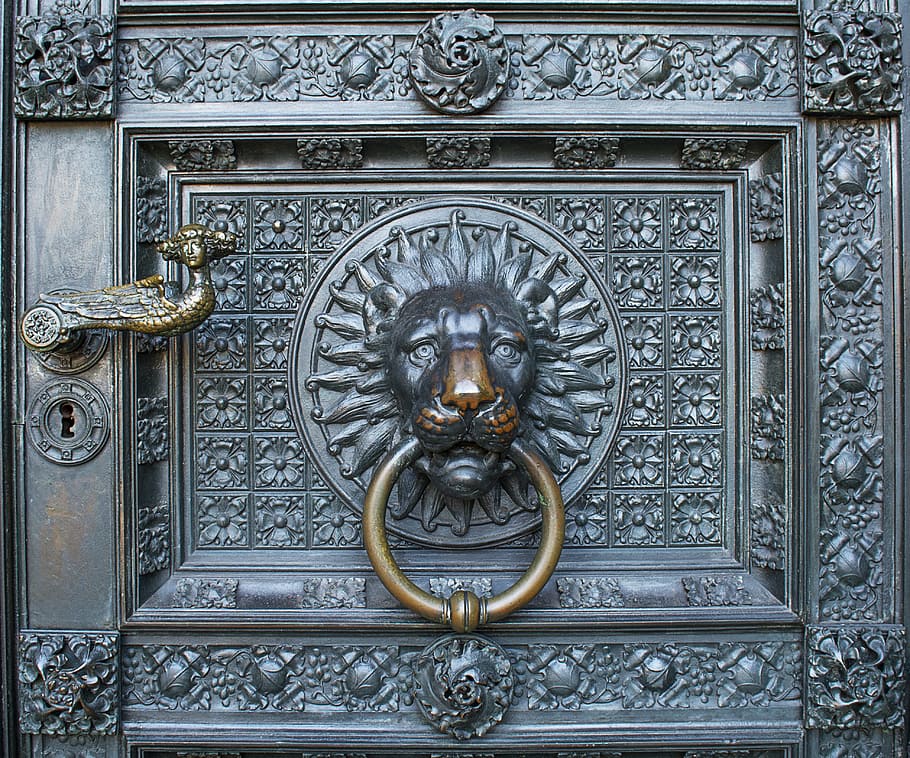 fotografía, gris, marrón, perilla del león, león, colonia, catedral, entrada, puerta, gótico