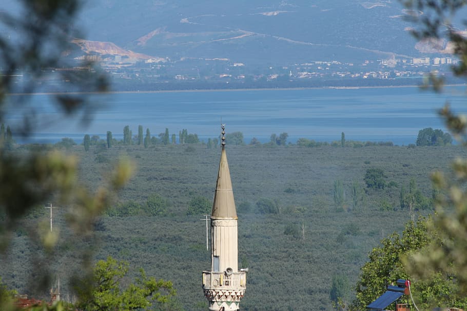 the minaret of the mosque, lake, village of soloz, iznik lake, scholarship, turkey, greens, nature, sky, no one
