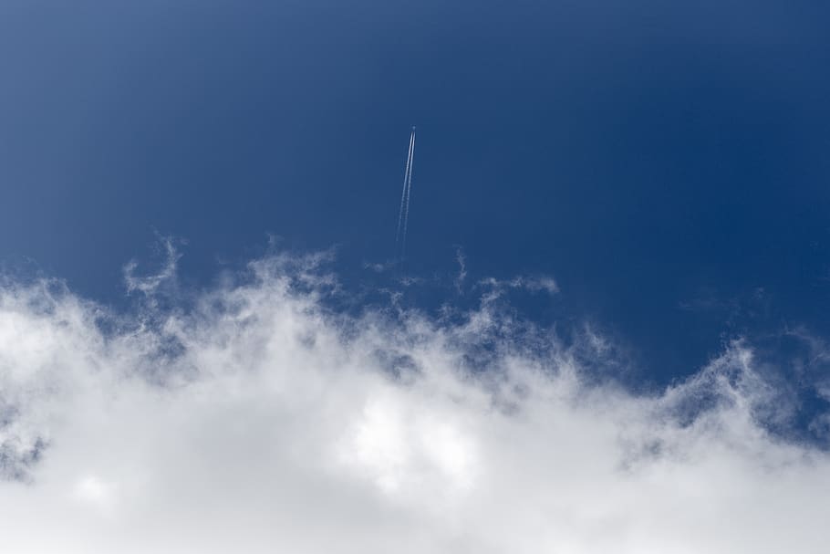 pesawat terbang, jejak, awan-awan, pesawat, langit, udara, perjalanan, suasana, penerbangan, mesin