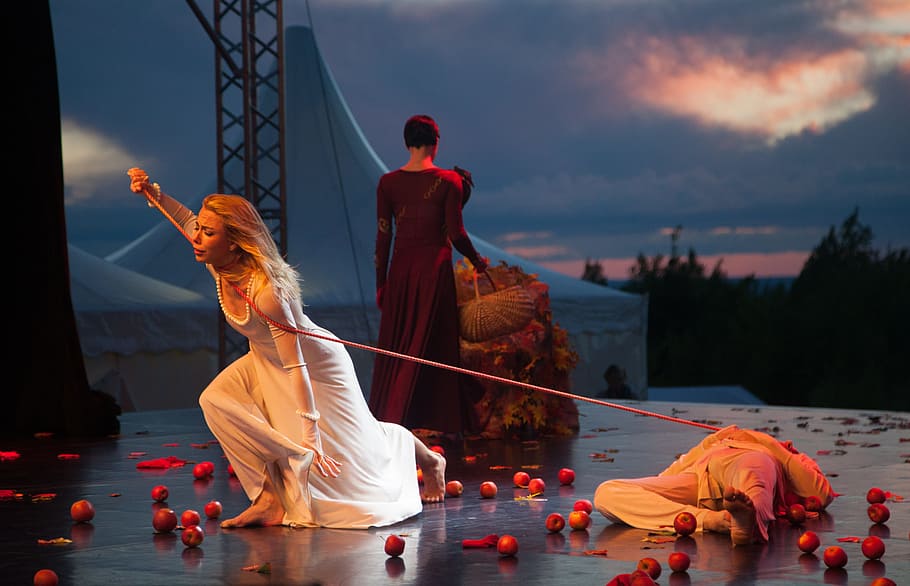 three, people, performing, stage, play, Ballet, Sunset, Theatre, ballet at sunset, romeo and juliet