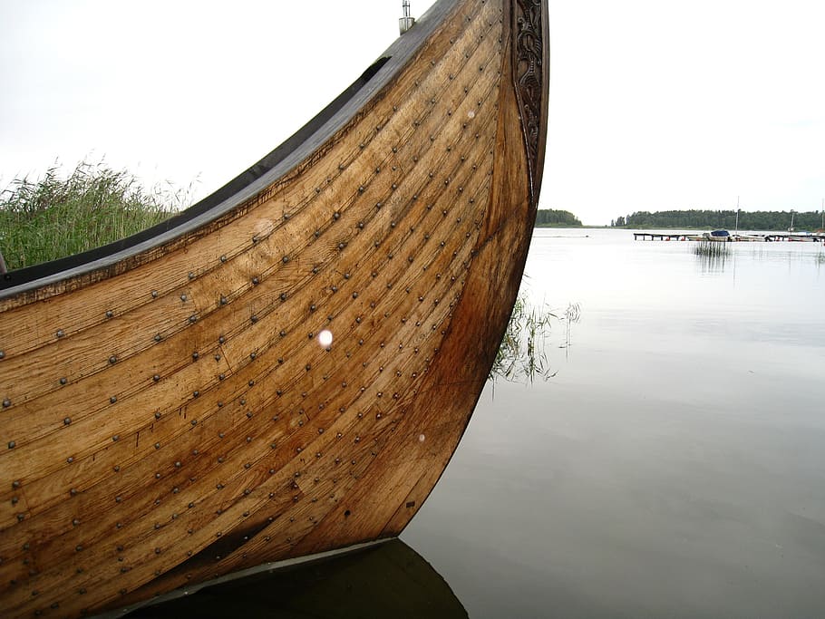 viking boat, counter, water, summer, nature, sky blue, bridge, reed, sky, nautical vessel