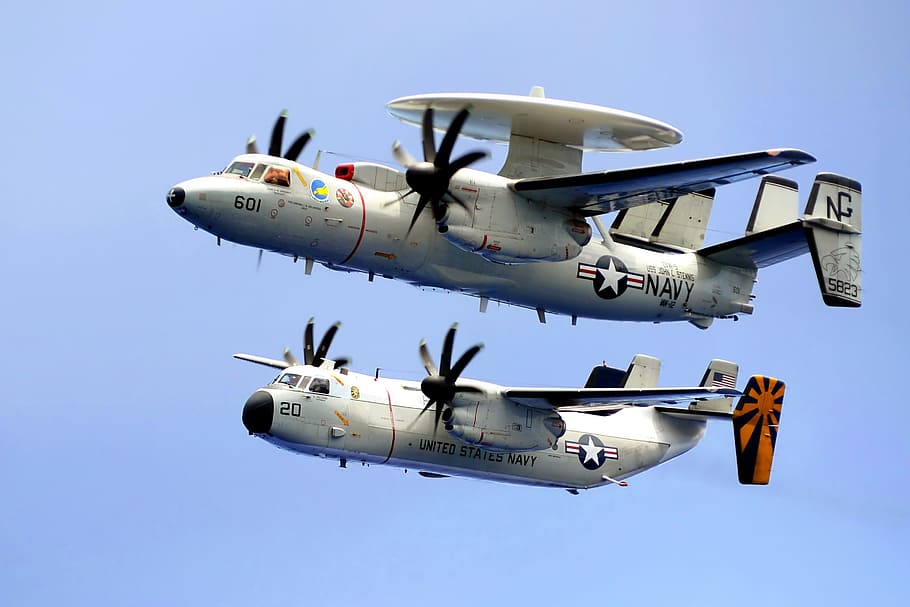 two, white, navy planes, flying, blue, sky, daytime, Planes, Military, Navy