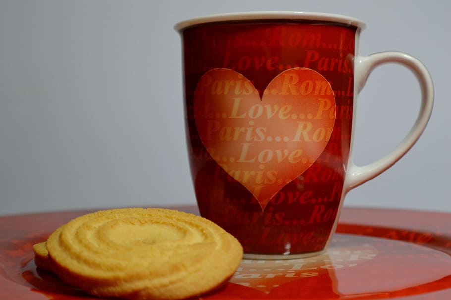 cup, heart, romance, valentine's day, tableware, coffee, love, plate, pastries, biscuit