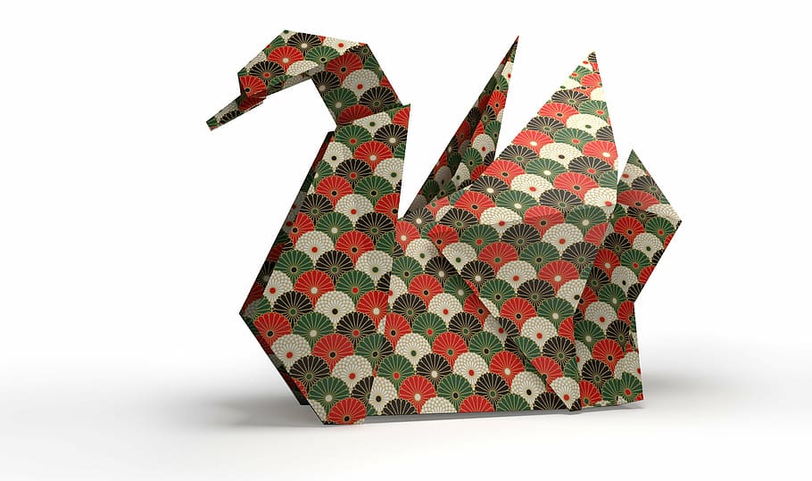 green, red, swan origami, origami, folding paper, 3d, swan, bird, white background, studio shot