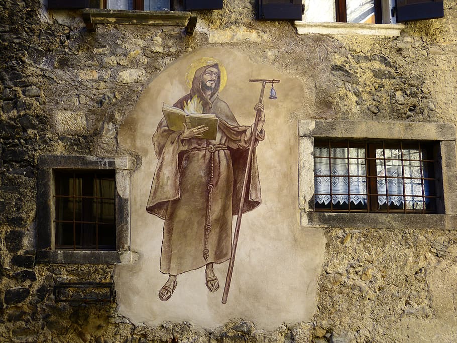 man, holding, staff, book wall mural, mural, holy, painting, art, religion, church