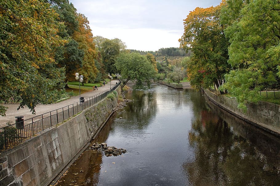 Uddevalla, Sweden, Canal, Waterway, reflections, fall, autumn, trees, foliage, sky