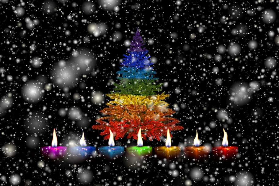 candles, christmas, snow, colorful, rainbow, rainbow colors, festival, candlelight, light, wax