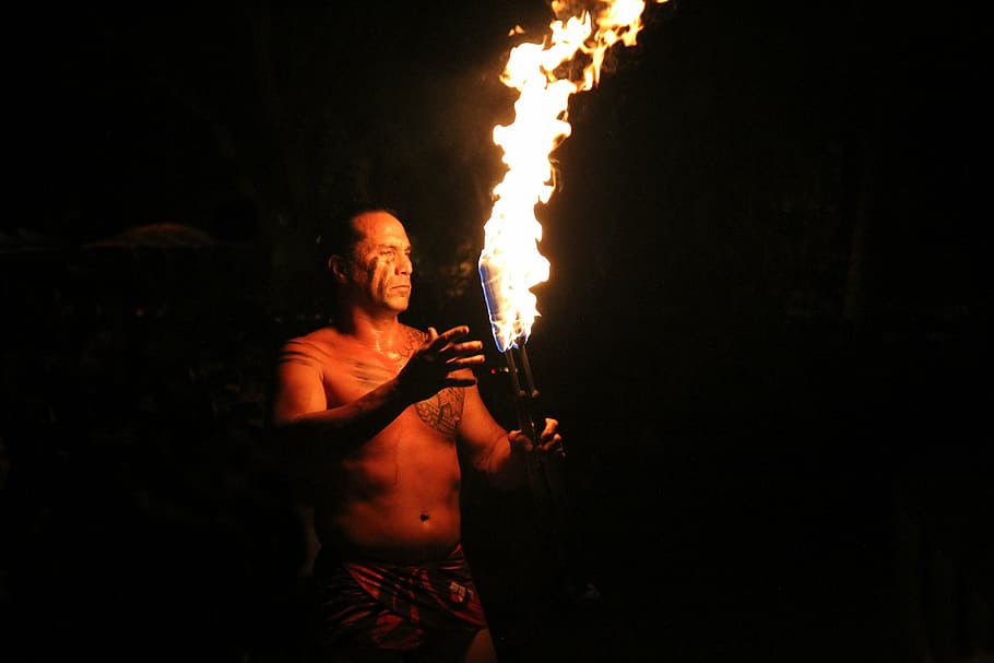 hombre, tenencia, antorcha, fuego, danza del fuego de Hawaii, llama, Hawaii, danza, entretenimiento, tribal