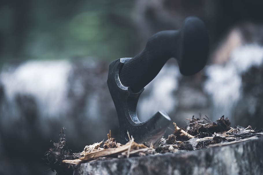 axe, vikings, weapons, hack, stump, pagan, day, nature, focus on foreground, selective focus