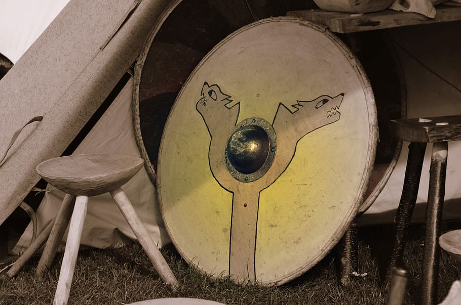 Vikingo, Edad Media, Escudo, Espada, lucha, música, instrumento musical, sin gente, tocando, primer plano