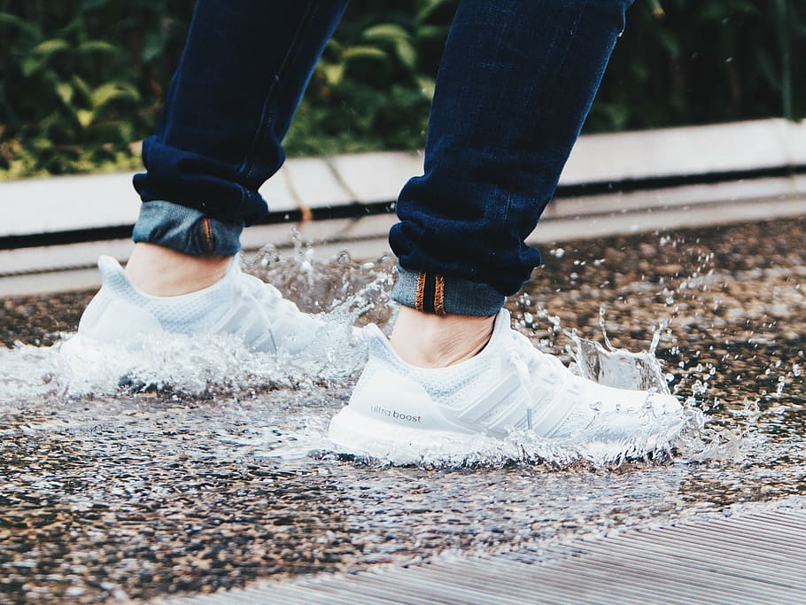 person, wearing, pair, white, adidas ultraboost shoes, adidas, feet, footwear, legs, shoes