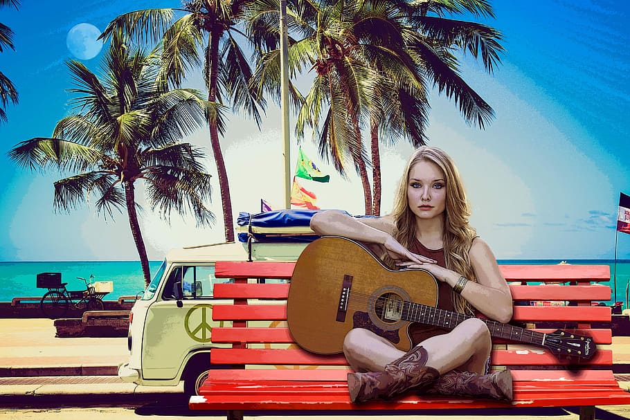 sitting, bench, Female, Guitar player, girl, guitar, model, musician, palm trees, public domain