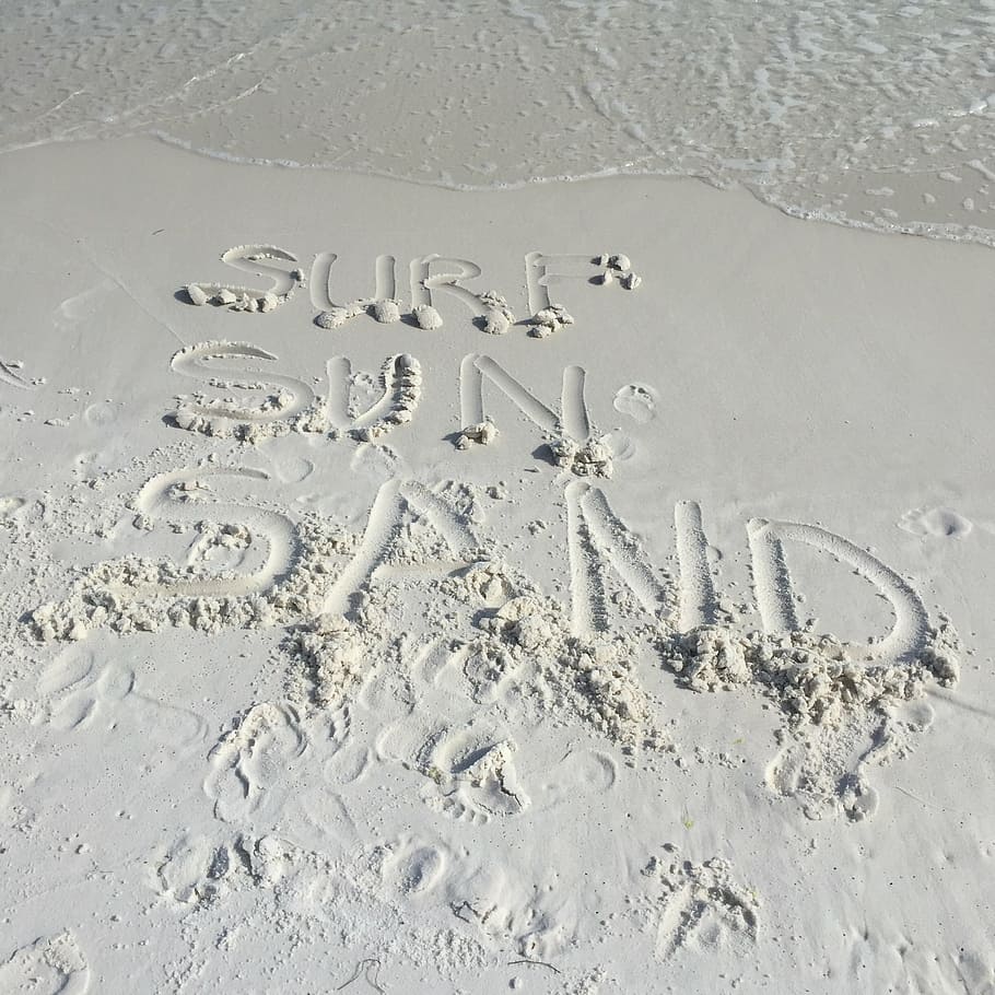beach, surf, sand, sea, summer, vacation, coast, ocean, text, single Word