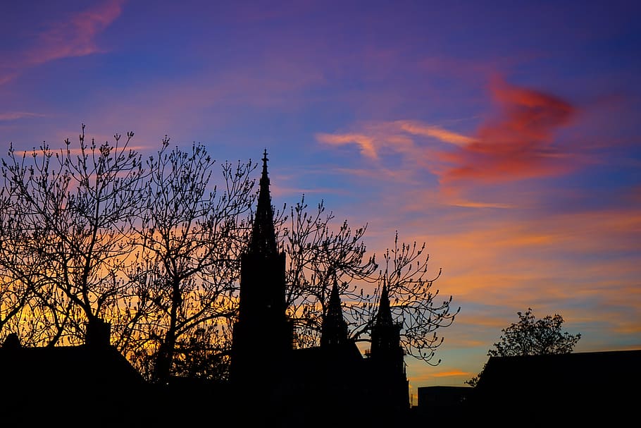 sunset, evening hour, sky, pastellfarben, colorful, color, ulm, ulm cathedral, clouds, gloomy