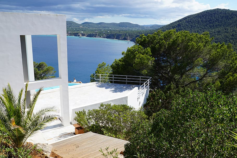 white, concrete, building, trees, villa, view, ibiza, sea, green, summer