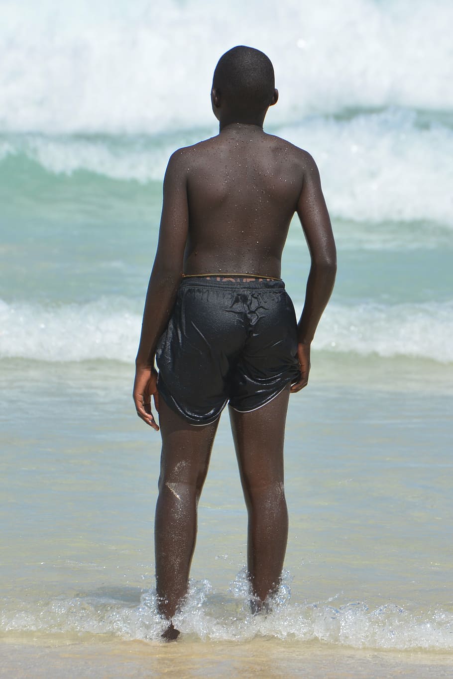 child, people, sea, black, boy, swimming trunks, beach, water, men, summer