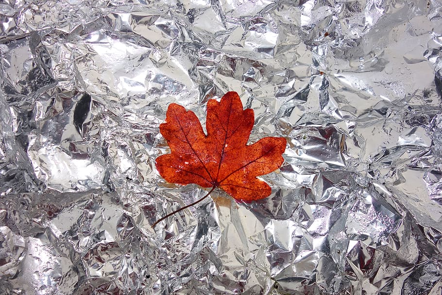 orange, leaf, gray, aluminum foil, autumn leaf, silver, decoration, leaf on foil, shine, glitter