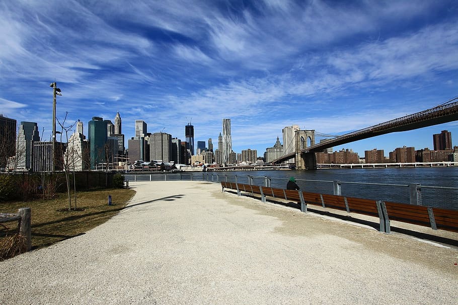 fotografi pemandangan, jembatan, biru, langit, siang hari, baru, york, kota, manhattan, pulau
