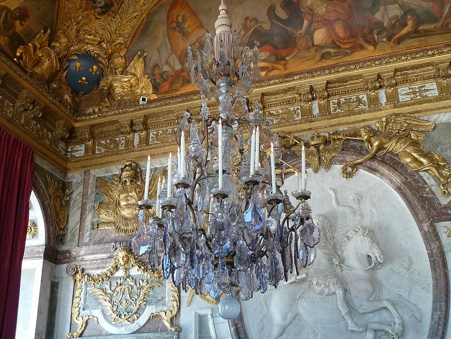 clear glass chandelier, versailles, candlestick, chandelier, castle, ceiling lamp, interior design, crystal chandelier, architecture, famous Place