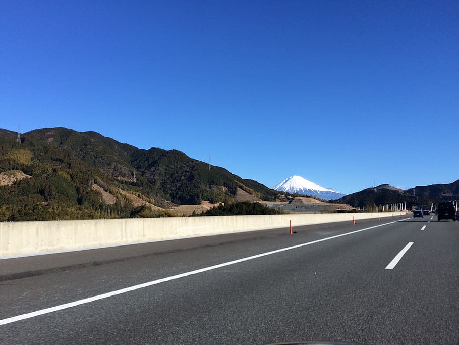 mt fuji, high speed road, road, mountain, sky, transportation, clear sky, copy space, road marking, mountain range