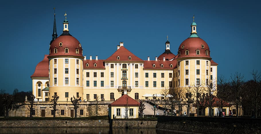 Kastil, kastil Moritz, dresden, Saxony, Schlossgarten, tengara, air, mirroring, tampak atas, hutan