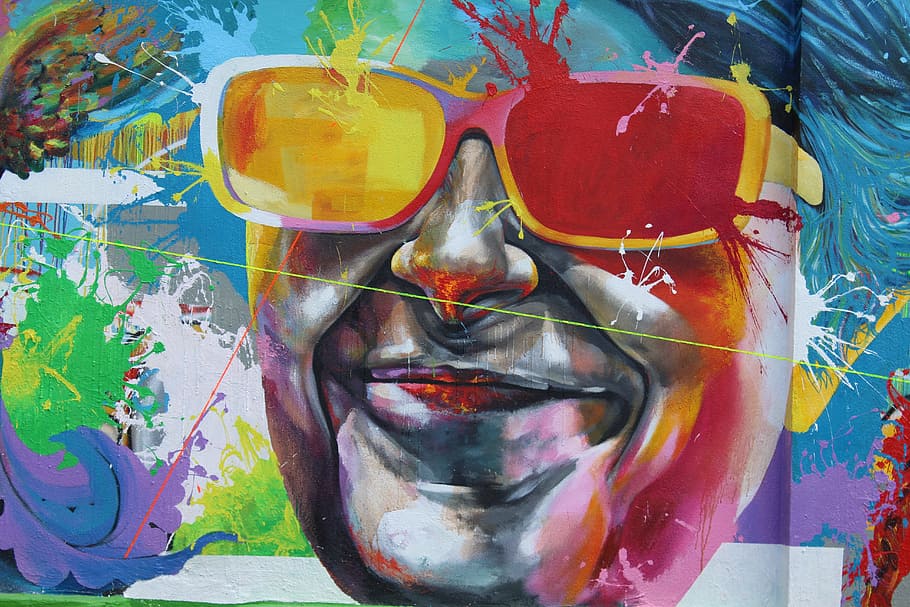 mural, lecco, seni jalanan, kacamata, kebahagiaan, wajah, senyum, pria, bahagia, wajah manusia