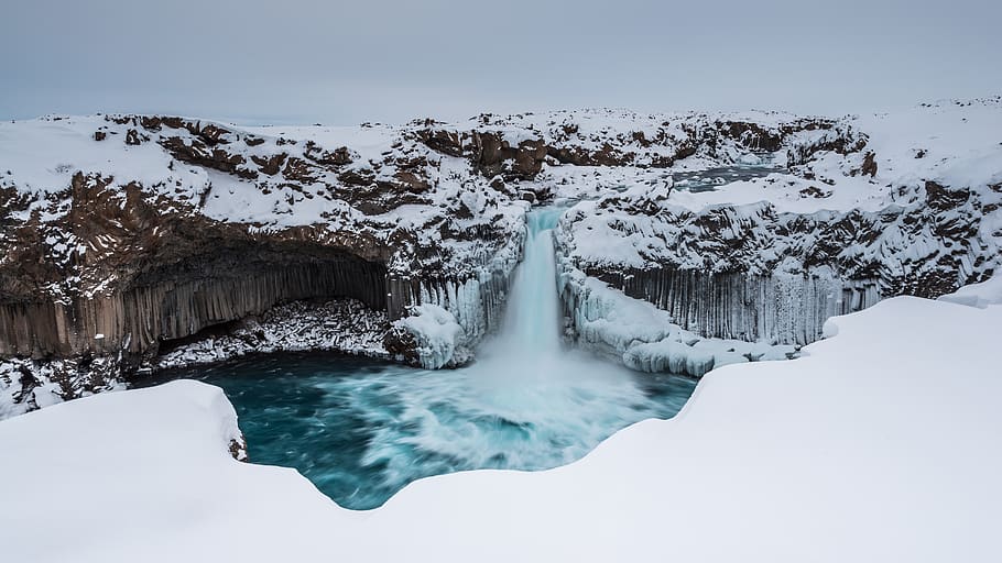 iceland, aldeyjarfoss, winter, snow, wintry, cold, cold temperature, beauty in nature, scenics - nature, water