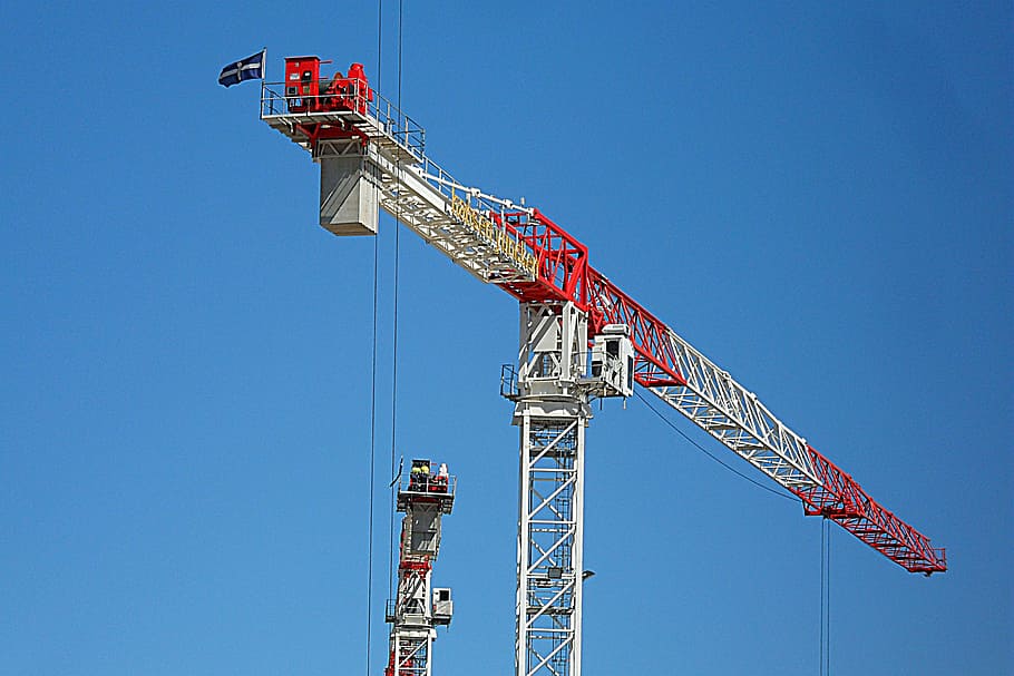 white, red, tower crane, crane, sky, blue, construction, business, work, structure