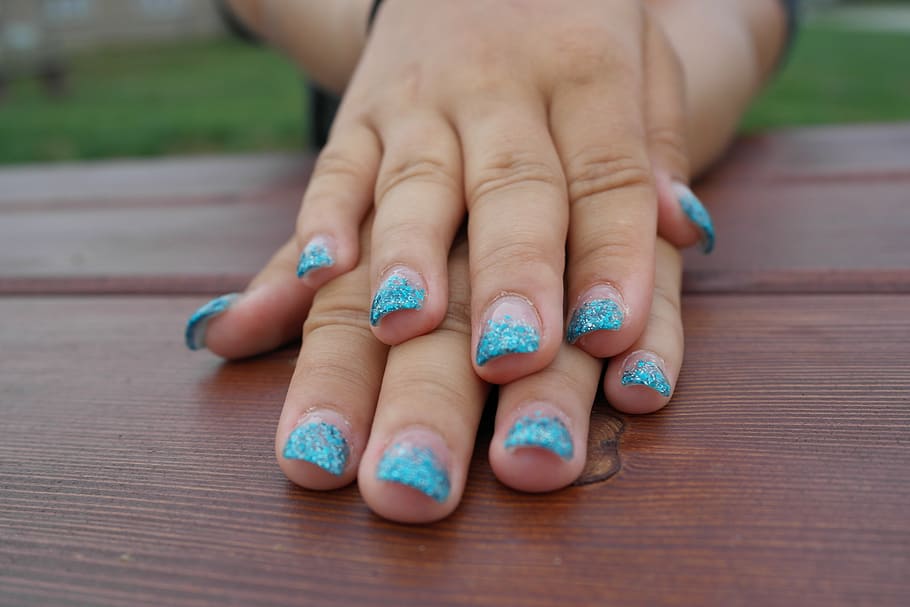 woman, placing, hands, blue, manicure, table, gel nails, summer, beauty, girl